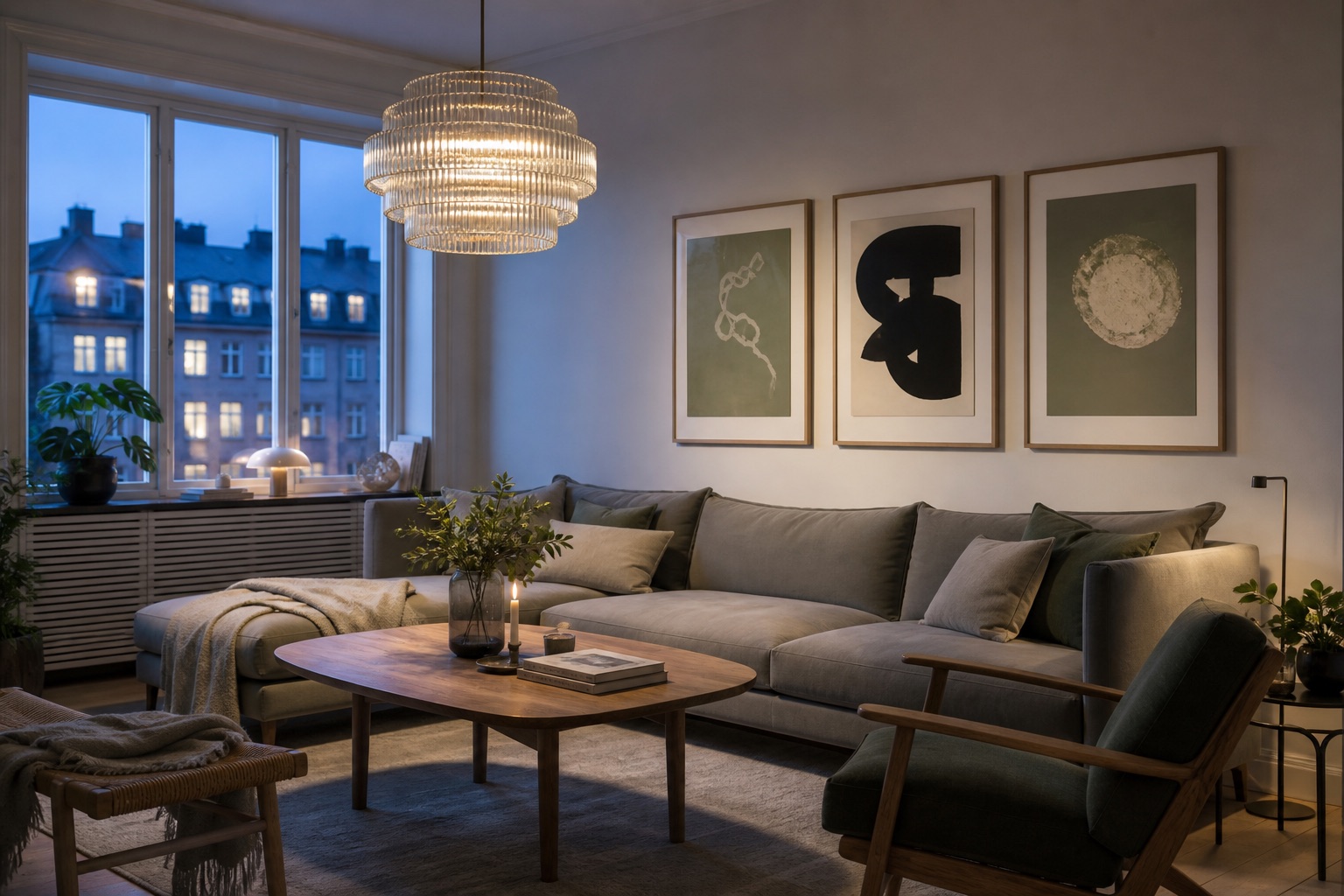 Belysning og vægkunst i stuen skaber en gennemført stemning